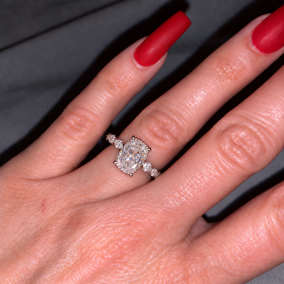 Radiant Grace Cushion Premium Moissanite Ring lifestyle photograph
