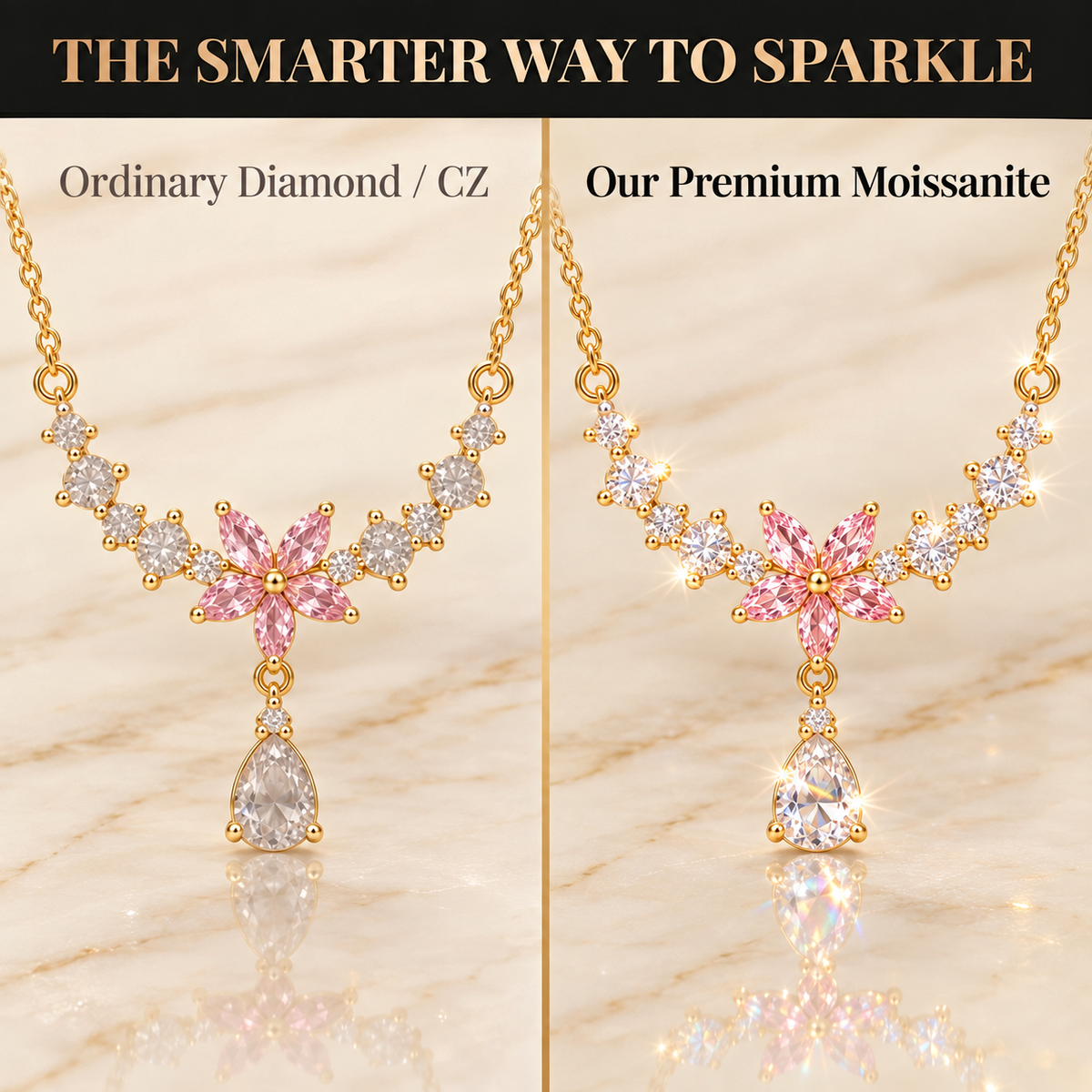 Blush Blossom Teardrop Moissanite Necklace comparison illustration