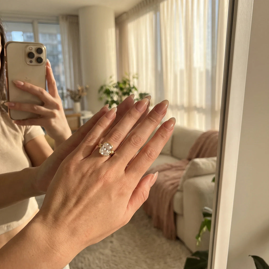 Moissanite ring worn with an everyday outfit