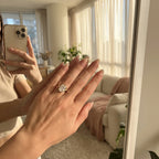 Moissanite ring worn with an everyday outfit