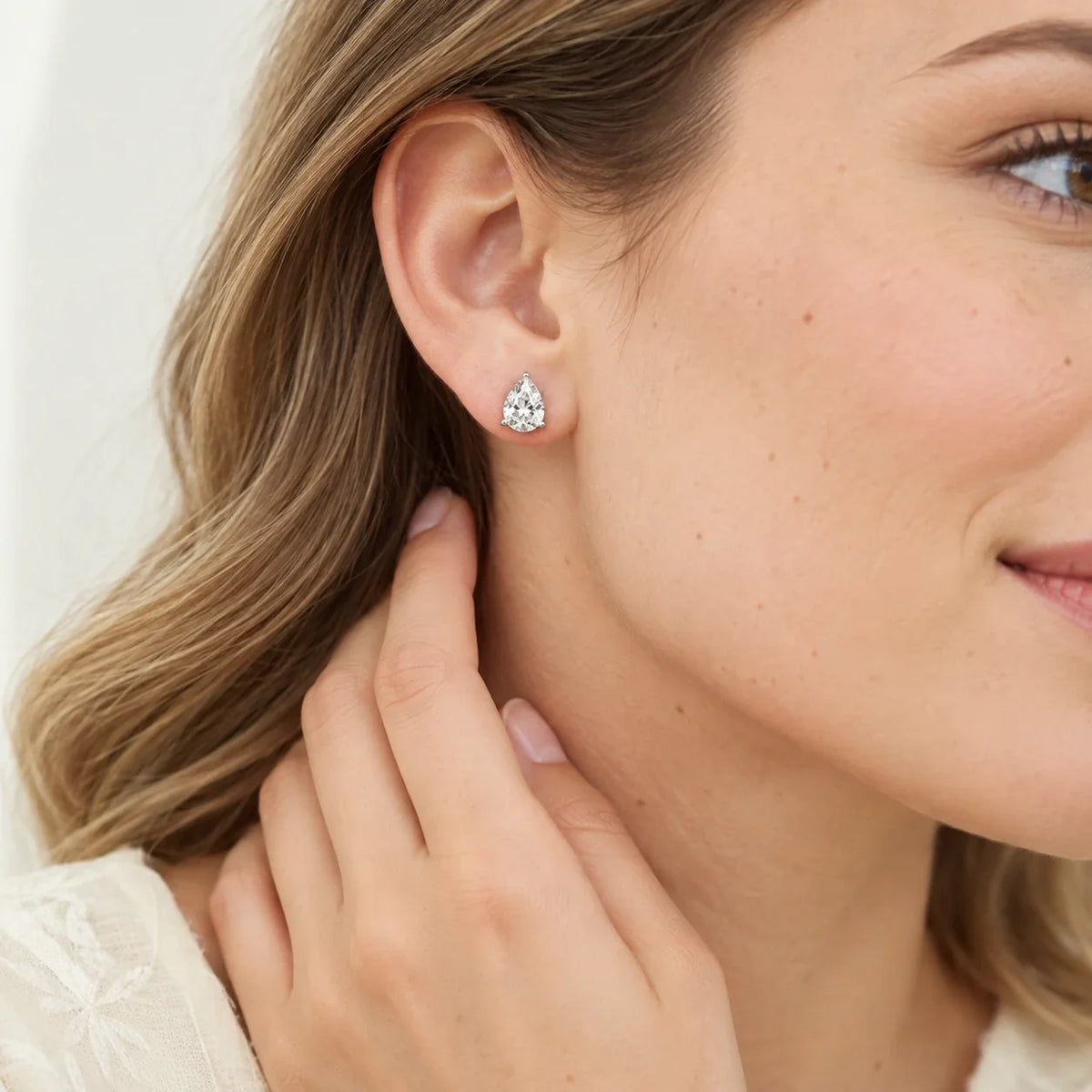 Valletro Pear Moissanite Stud Earrings, silver color, view 6