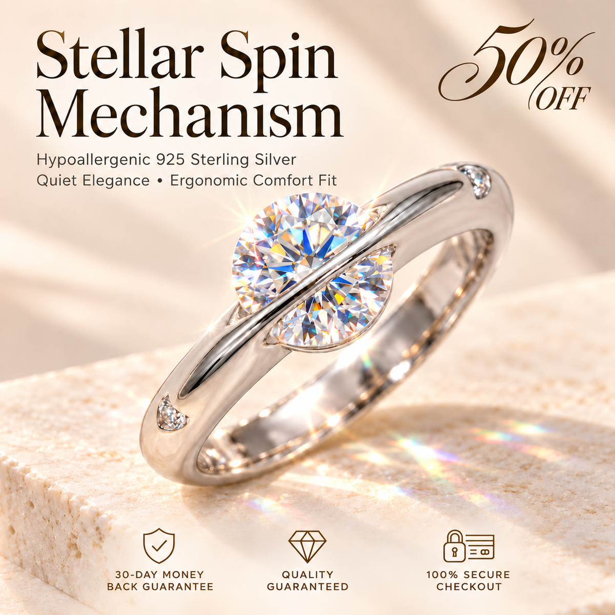 The Celestial Spin VVS Moissanite Ring – 925 Sterling Silver
